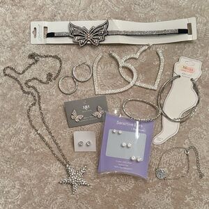 Brand New Rhinestone Jewelry Bundle Stud Earrings Heart Hoops Necklace Anklet